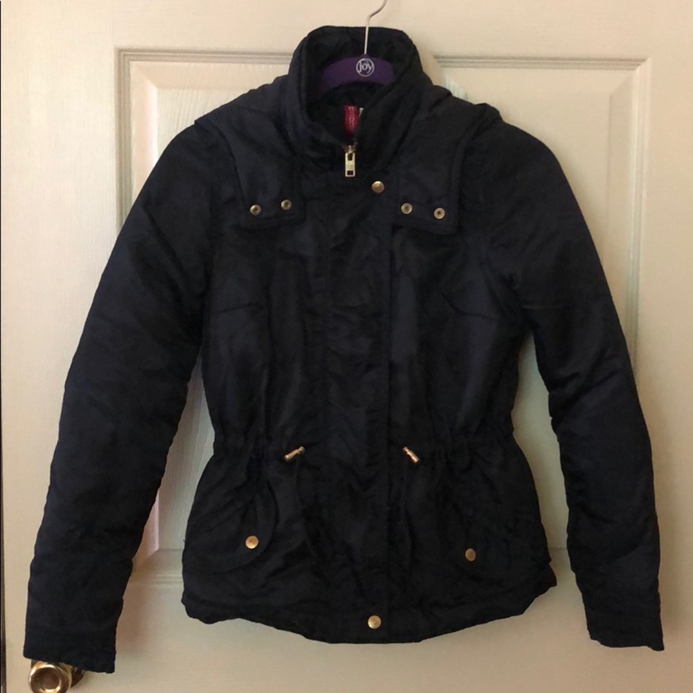 blue hooded jacket with zipper closure and buttons